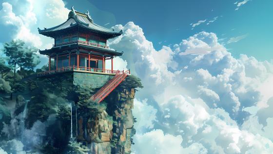 Sky-High Serenity Japanese Temple Artwork wallpaper