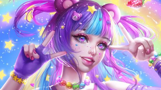 Vibrant Anime Dreamscape with Colorful Hair and Playful Charm wallpaper