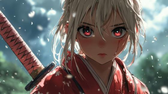 Anime Samurai Girl in Cherry Blossom Breeze wallpaper