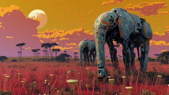 Futuristic Safari Landscape with Robot Elephants wallpaper