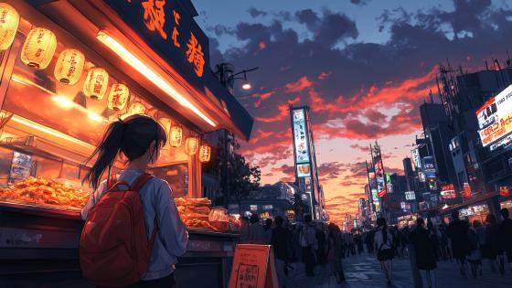 Dusk in a Bustling Anime Cityscape wallpaper