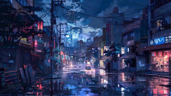 Anime City Nightscape Reflections wallpaper