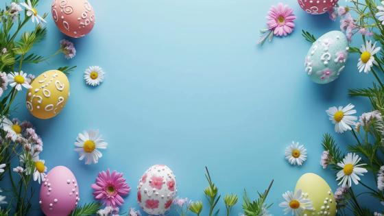 Pastel Easter Eggs and Spring Flowers on Sky Blue Background - backiee