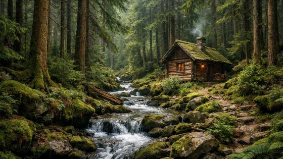 Mossy Log Cabin by a Mountain Stream in Evergreen Forest - backiee