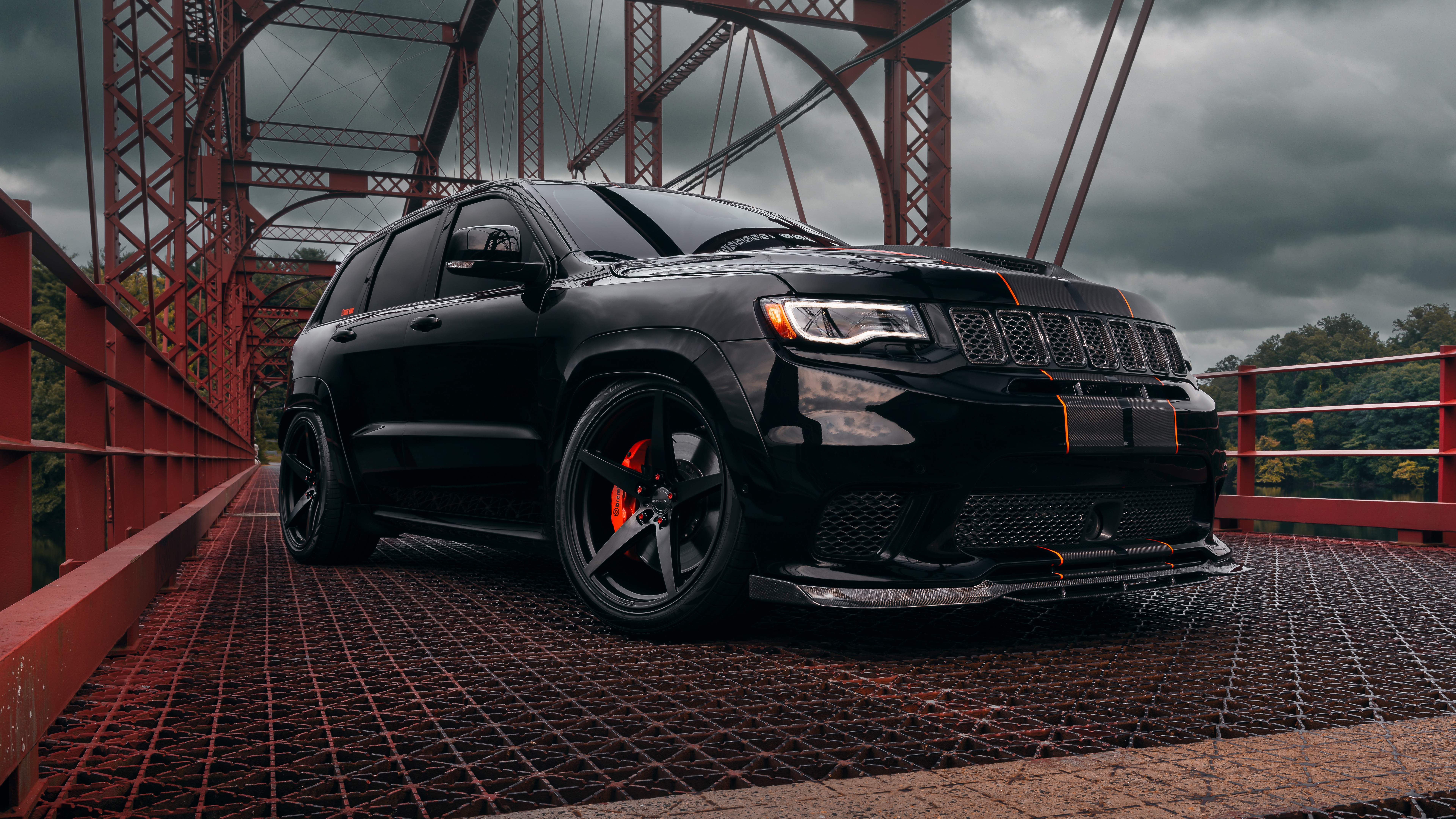 Space Frame Structure Cars Jeep Trackhawk on a Dramatic Steel Bridge - backiee