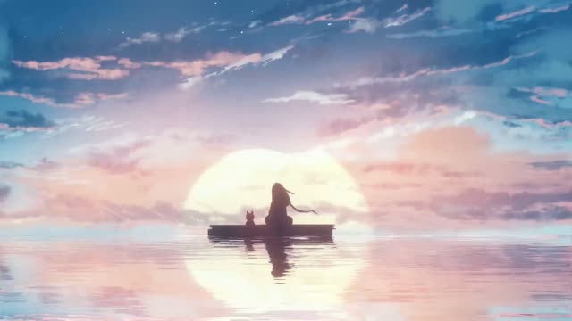 Canoe drifting across lake during sunset live wallpaper