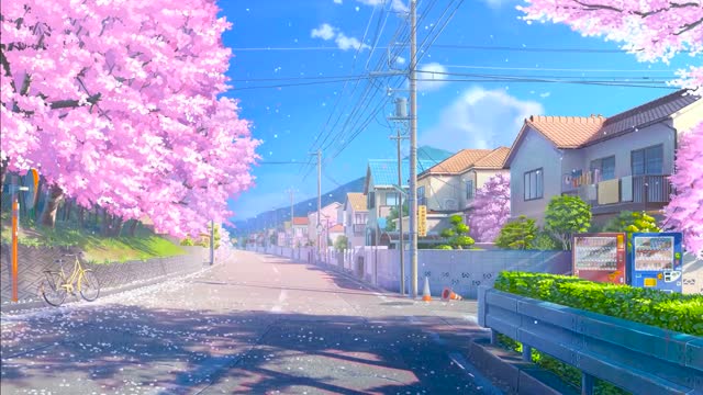 Peaceful street with cherry blossom trees live wallpaper