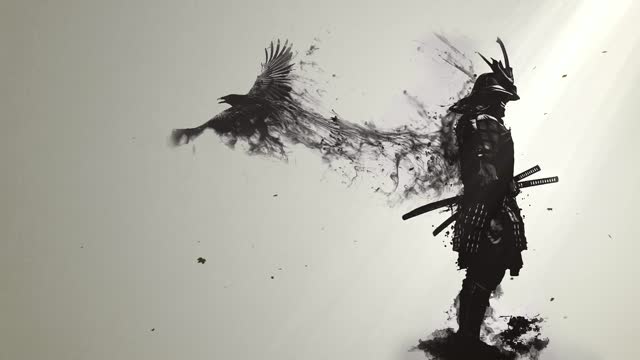 Ink-style samurai facing a flying crow live wallpaper