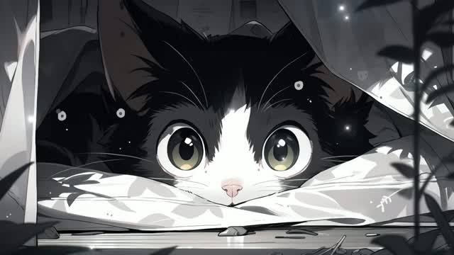 Cute wide-eyed cat peeking from blanket live wallpaper