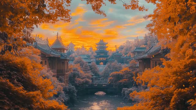 Sunset over ancient temple and trees live wallpaper