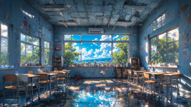 Sunlight filling empty classroom interior live wallpaper