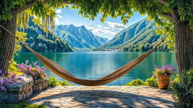 Hammock by alpine lake and mountains live wallpaper