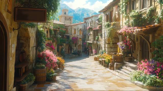 Mediterranean alley with flowers and sun live wallpaper