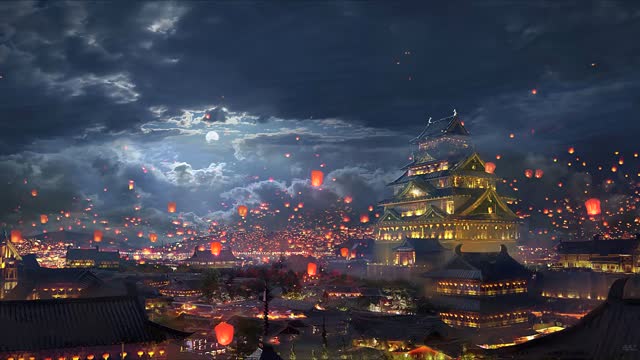 Lantern festival over ancient Japanese city live wallpaper