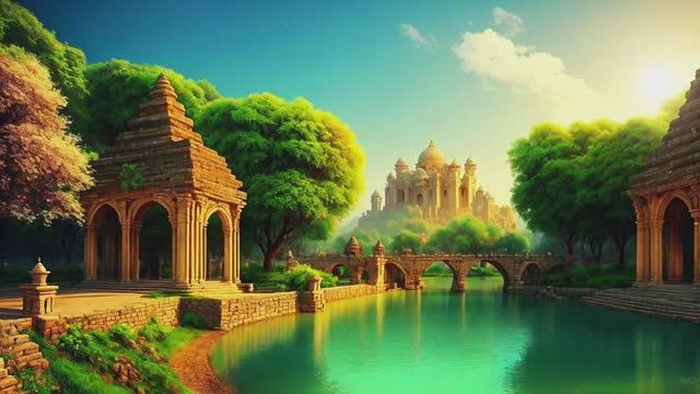 Temple by river under golden sky live wallpaper