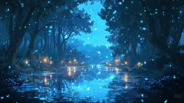 Blue-lit forest with trees live wallpaper