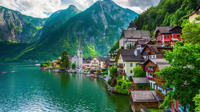 Colorful village by green lake live wallpaper