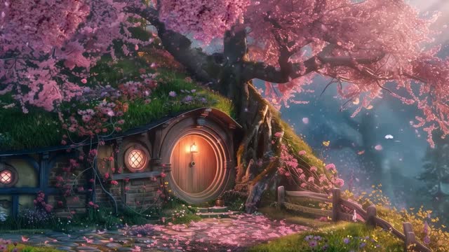 Fairy house under pink tree live wallpaper