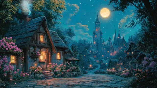 Fantasy wooden cabin at night live wallpaper