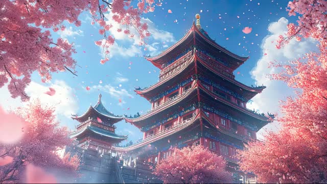 Red pagoda in falling snow live wallpaper