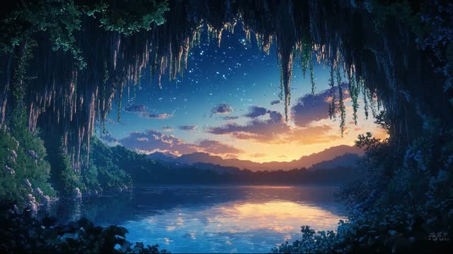 Twilight lake with hanging trees live wallpaper