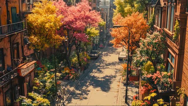 Golden trees lining cobbled path live wallpaper