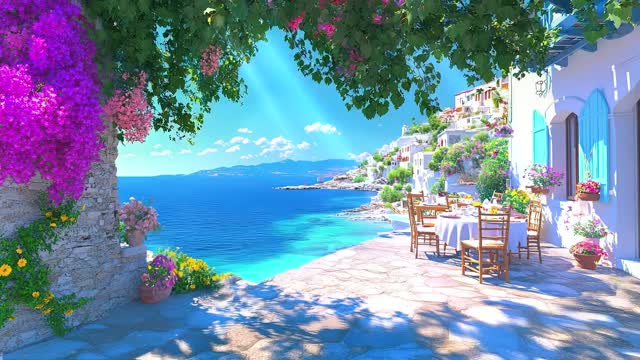 Bright seaside walkway and flowers live wallpaper