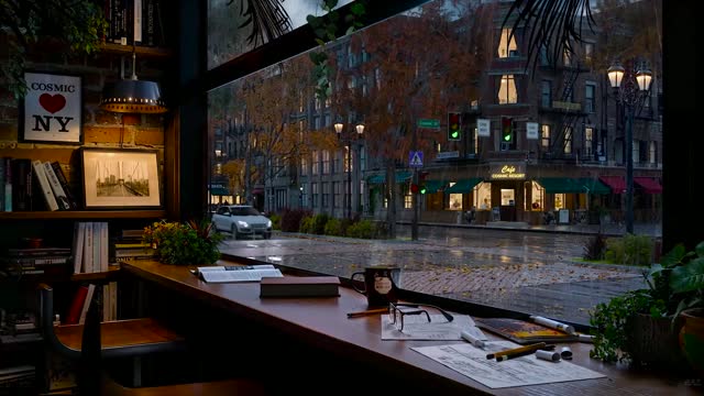 Night cafe with raindrops outside live wallpaper