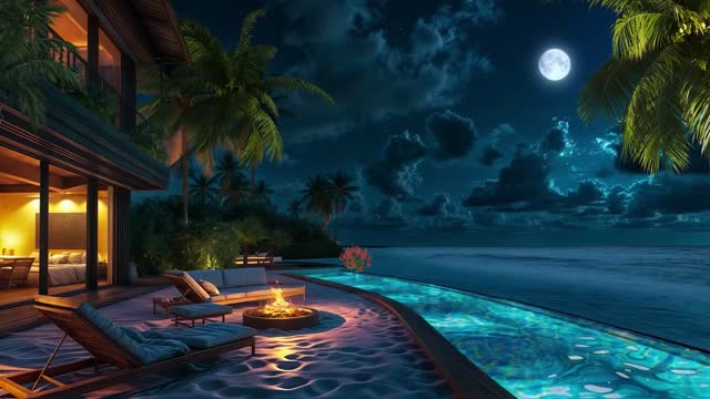 Moonlit poolside tropical scene live wallpaper
