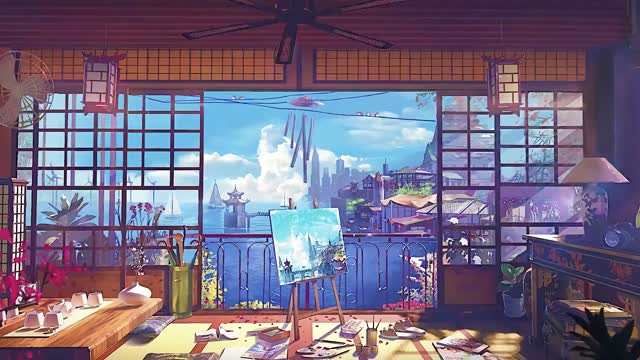 Anime room with mountain view live wallpaper