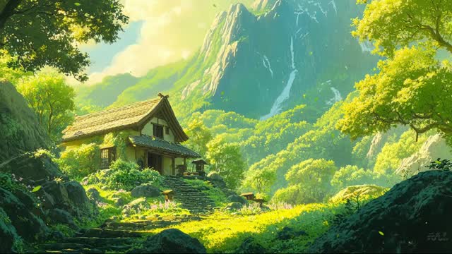 Sunny forest with wooden cottage live wallpaper
