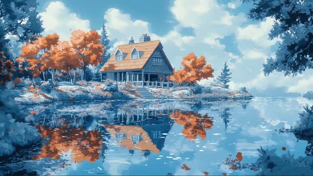 Cozy house reflected in lake live wallpaper