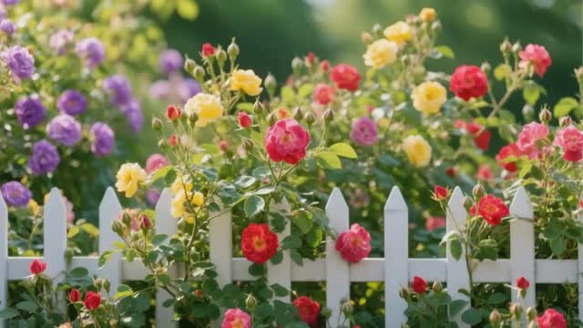 Colorful garden flowers near fence live wallpaper