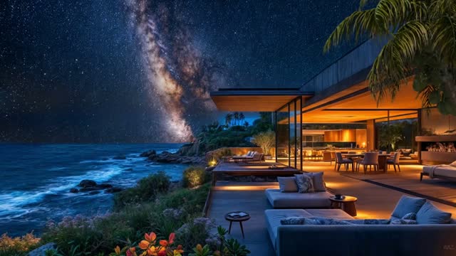 Ocean villa under starry sky live wallpaper