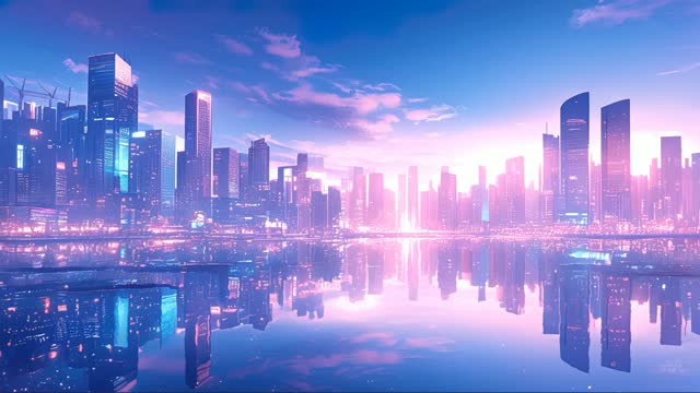 Sunset over futuristic skyline live wallpaper