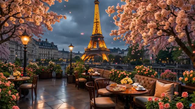 Eiffel Tower caffee in spring bloom live wallpaper