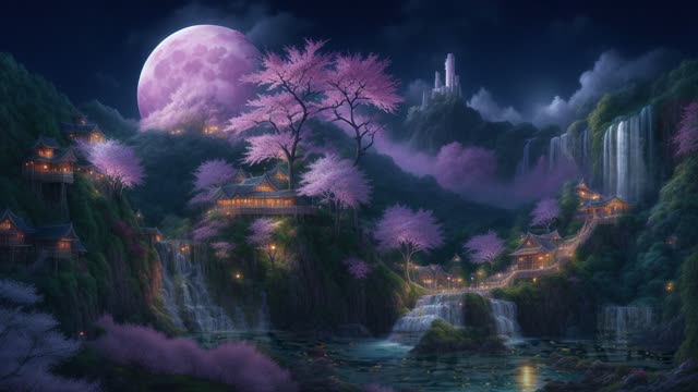 Purple moon over cherry waterfall live wallpaper
