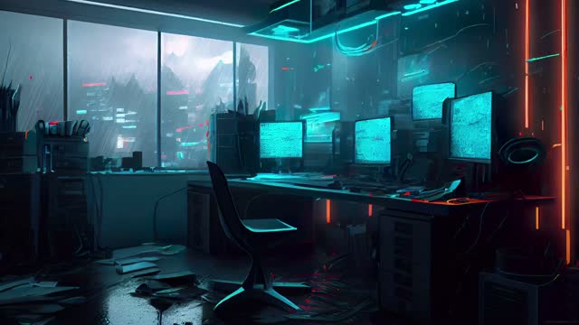 Dark neon-lit hacker workspace live wallpaper
