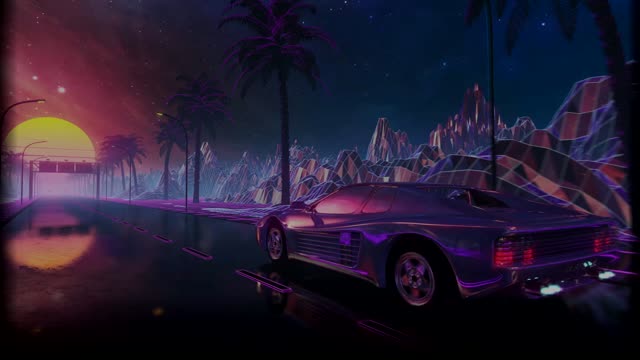 Synthwave car by glowing palms live wallpaper