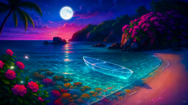 Moonlit tropical beach with boat live wallpaper
