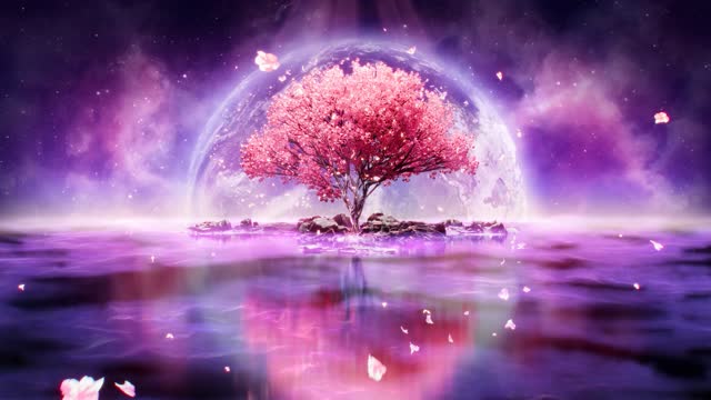 Pink blossom tree over calm water live wallpaper
