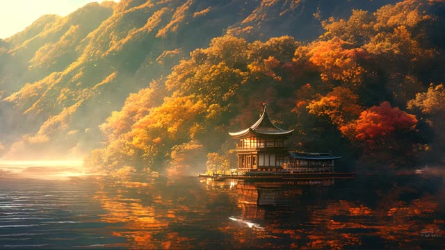 Temple on lake in autumn forest live wallpaper