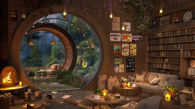 Cozy round-window reading nook interior live wallpaper