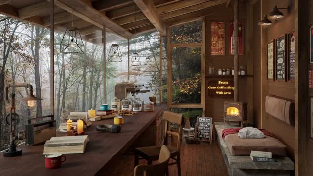 Wooden cabin interior with forest view live wallpaper