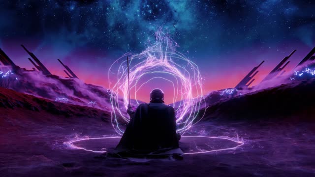 Mystical figure with purple aura live wallpaper