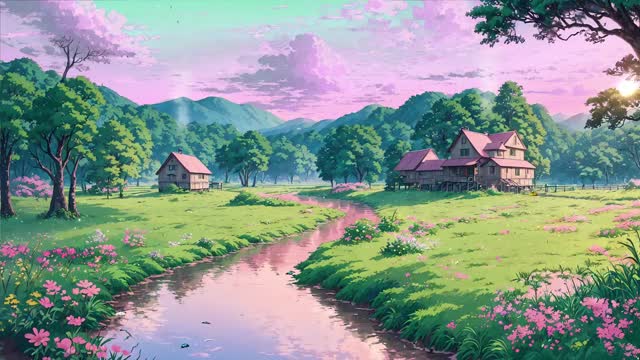 Pastel countryside with small houses live wallpaper