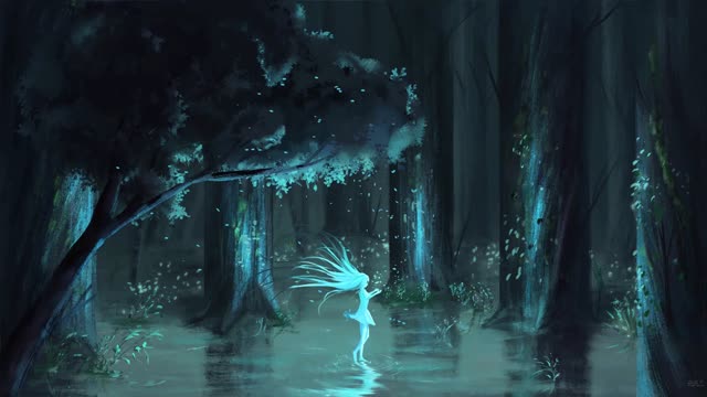 Fantasy forest glowing blue light live wallpaper