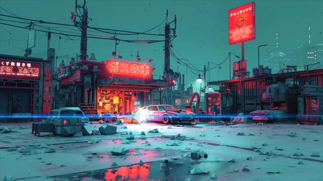 Retro diner street in neon lights live wallpaper