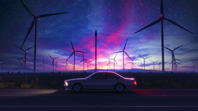 Car under twilight wind turbines live wallpaper