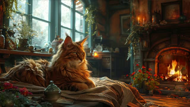 Cat lying by sunny window live wallpaper